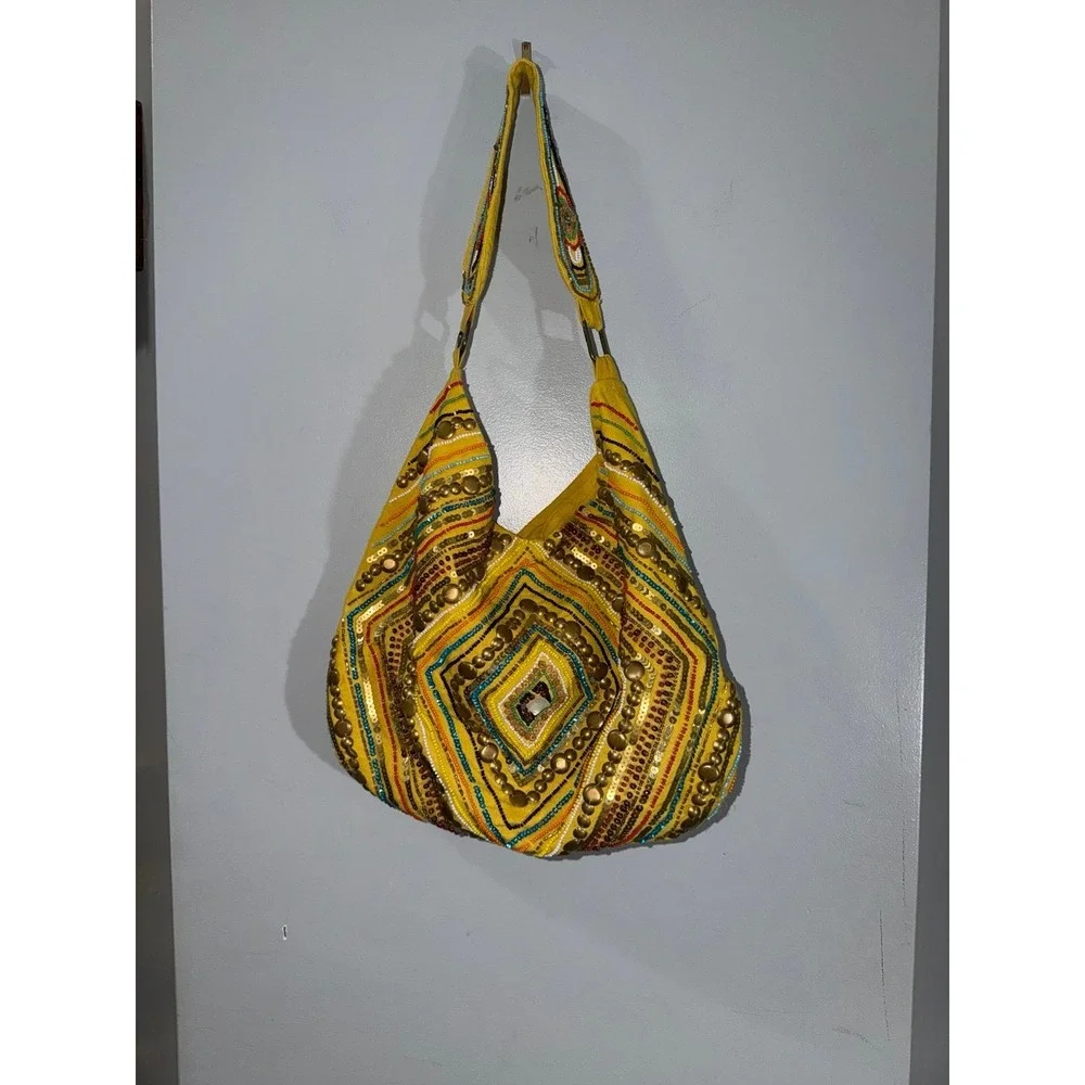 Vintage Nine West yellow canvas hobo bag sequin seed bead embellishment large